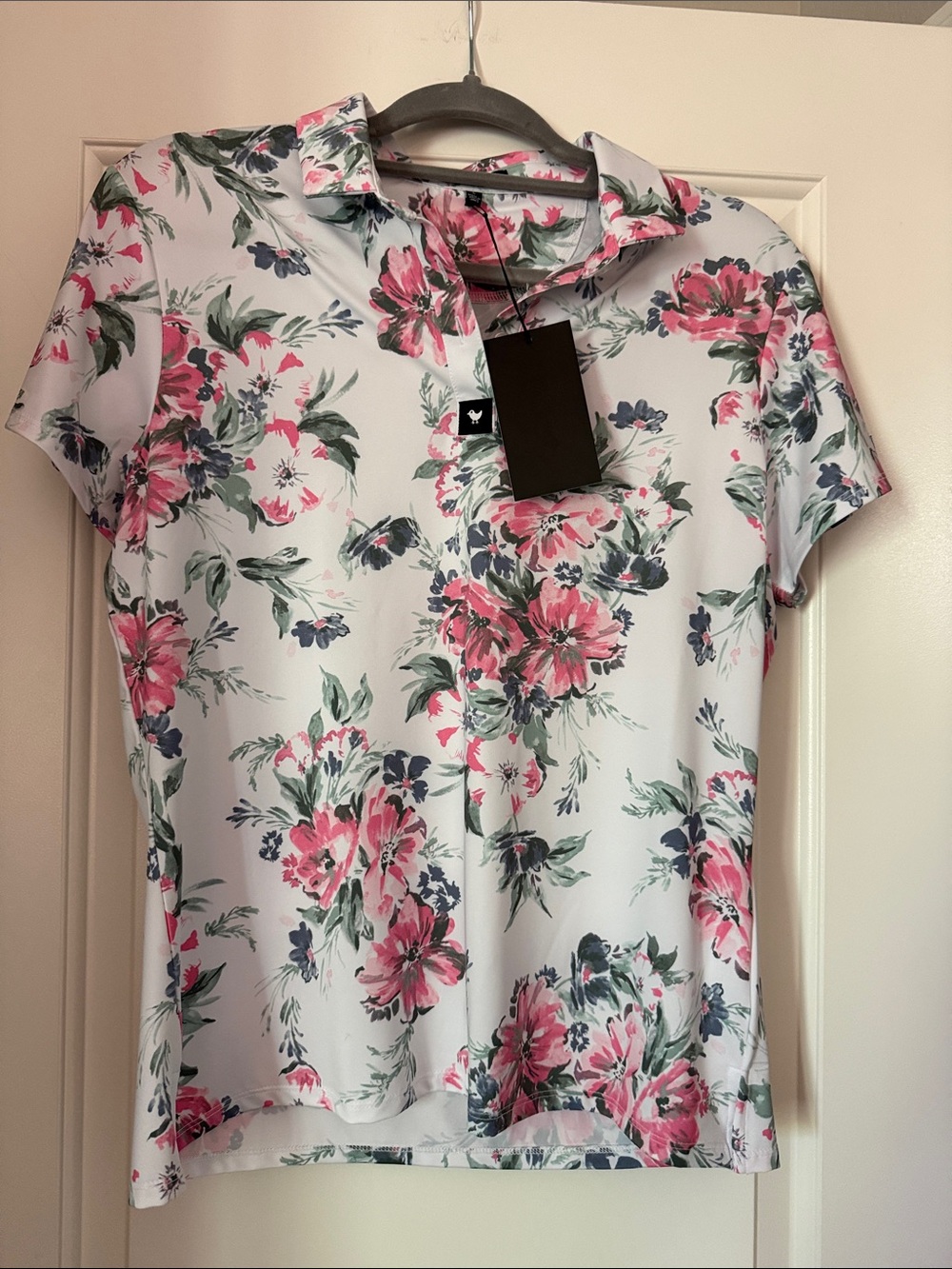 Bad Birdie White Floral Short-Sleeve Polo with Pink & Green Print